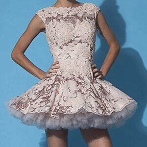 Jovani Cream and Pink Lace Mini Dress